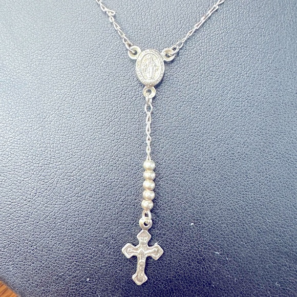 Plain Bead Rosary Rosario Chain Necklace Sterling Silver Italy - Picture 2 of 5
